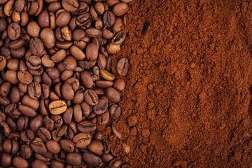 Coffee beans and ground coffee from above 