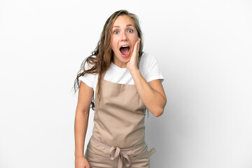Restaurant waiter caucasian woman isolated on white background with surprise and shocked facial expression