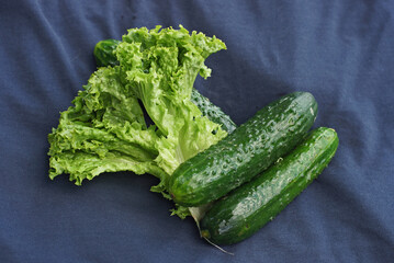 produce cucumber lettuce leaves lie on a blue background