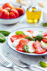 Mozzarella and tomato salad with basil, olive oil and ciabatta bread