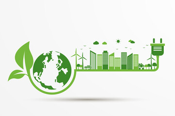 power plug green ecology city with earth icon. Energy ideas save the world concept. sustainable and environmental friendly. isolated on white background. vector illustration in flat style  design.