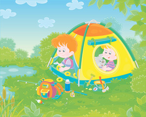 Cheerful little kids tourists with a merry pup resting in their colorful camp tent by a pretty small lake in countryside on summer vacation, vector cartoon illustration