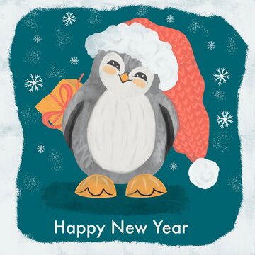 Cute snowy happy new year card with baby penguin holding gift