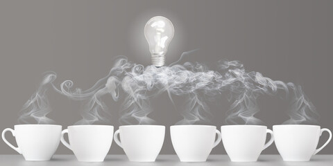 Idea birth. Business communication and creativity. Group of coffee cups with bulb on cloud of steam. Group training, brainstorming, business coaching