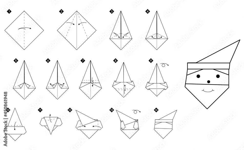 Poster how to make origami santa claus head. step by step black and white diy instructions. outline monochr