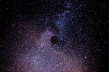 Fotografia nocnego nieba, ilustrująca obecność i działanie czarnej dziury na pobliską galaktykę. - obrazy, fototapety, plakaty
