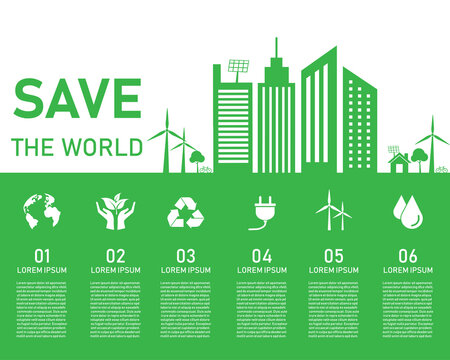 Save the world eco tree concept. green city on white background. Ecology infographic 6 element. vector illustration flat design. World environment and sustainable development.Used for workflow layout.