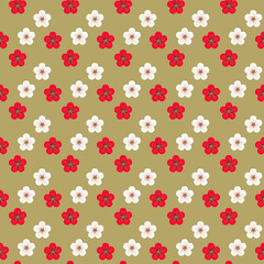 金色の背景に赤い梅の花と白い梅の花のシームレスパターン