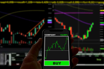 
Using a fictional Neo-Broker App on a smartphone, more charts and analysis on displays in the background, Broker, Trading, Investing, Exchange Trading, Stock Trading, Neobroker, 2021