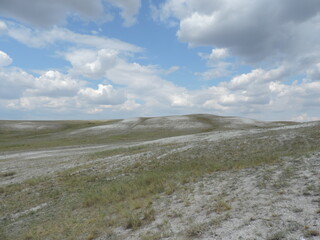 Chalk hills (mountains) in the steppes of the Orenburg region of Russia. Sun, wind, endless spaces, freedom and beauty.