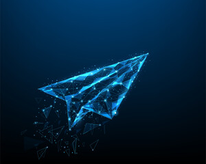 paper plane low poly wireframe point and mesh. business success concept. isolated on dark blue background. vector illustration in flat style modern design.