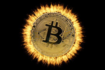 Bitcoin with ring on fire on black background