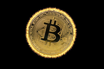 Bitcoin with ring on fire on black background