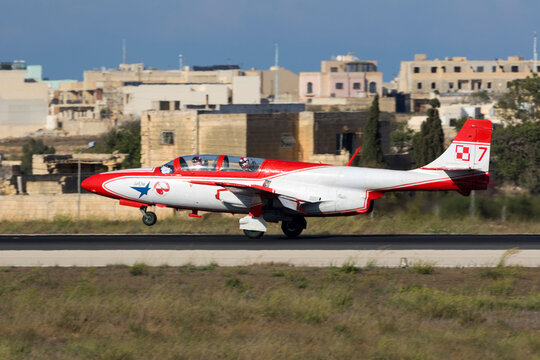 Luqa, Malta September 22, 2016: Polish Air Force PZL-Mielec TS-11 Iskra arriving for the airshow the coming weekend.