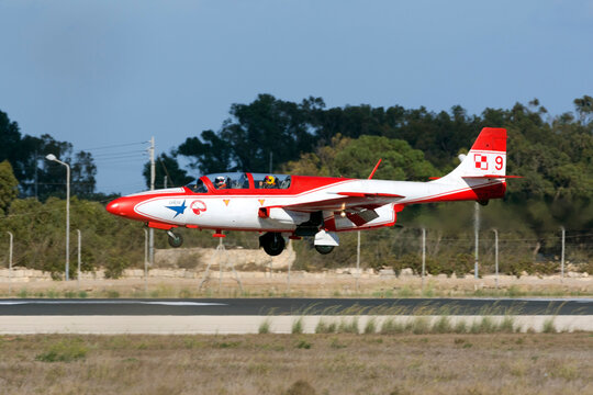 Luqa, Malta - September 22, 2016: Polish Air Force ("White-and-Red Sparks Team") PZL-Mielec TS-11 Iskra arriving for the airshow the coming weekend.