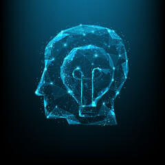 Obraz premium digital head human thinking low poly wireframe. brain point connecting network on blue background. business and knowledge concept. vector illustration in flat style modern design.