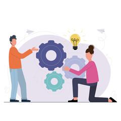Two people turning gears, searching for creative solutions. Business man and woman building gear wheels. Cogwheel cooperation concept. Teamwork, collaboration, management and organisation.