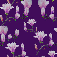 Seamless pattern of purple magnolias on a purple background