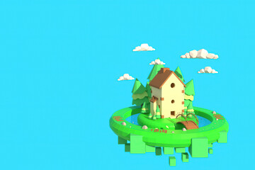 3D illustrator The big house is surrounded by water. 3d rendering Low Polygon Geometry. Lowpoly Minimal Style Art.
