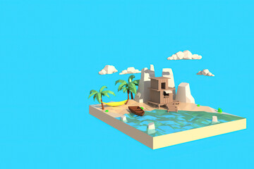 3D illustrator of house by the sea. 3d rendering Low Polygon Geometry. Lowpoly Minimal Style Art.