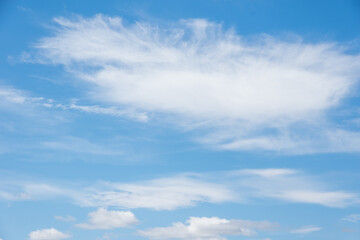 Beautiful cirrus clouds in the blue morning sky. Background of blue sky and white cirrus clouds in summer for your photos, mockup for design.