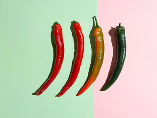 Green and red long, slim hot chilli peppers on a light green and pink contrasting background. Spicy Mexican ingredients. Artistic still life photography.