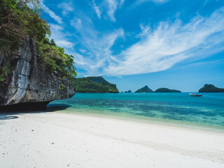 White sand beach rock formation island with turquoise water. Mae Ko Island, Mu Koh Ang Thong, near Samui, Thailand.