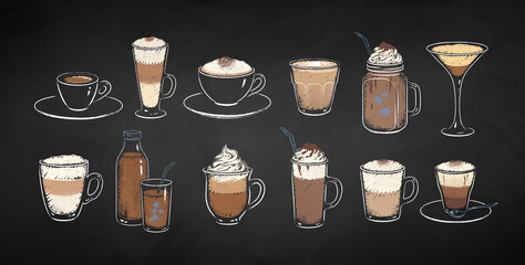 Collection of chalk drawn coffee drinks