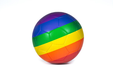 Colorful futsal soccer ball with rainbow color stripes isolated on white background