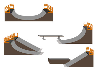 イラスト素材：スケートパークで使用されるスケートボードの練習道具（セクション）の組合せイラスト（主線なし）