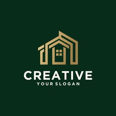 Modern house architecture logo, building logo with modern line art design in luxurious and trendy gold color