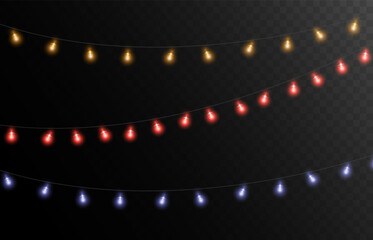 Christmas Lights Design Elements Glowing Lights for Christmas Holiday Cards, Banners, Posters, Web Designs Realistic Garland Vector Illustration