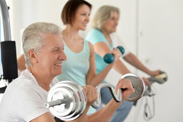 Fototapeta na wymiar Portrait of active smiling people exercising in gym