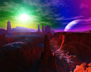 Beautiful alien landscape at the rising of the star and the sunset of the planet, 3d rendering