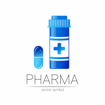Medicine Jar Vector Logo for Pharmaceutical ndustry Symbol Medical Bottle in flat style Pill Design Element for Pharmacy with Organic Leaf