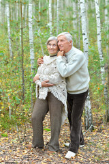 Fototapeta premium Portrait of happy senior couple resting in autumn birch forest