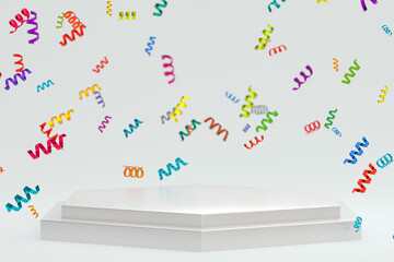 Abstract scene white background 3d rendering with white podium, confetti and multicolor ribbons for festival