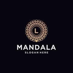 Fototapeta na wymiar Mandala logo design template, mandala abstract symbol, luxury emblem, hotel, boutique, jewelry, oriental cosmetics with mandala concept
