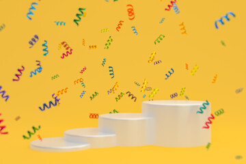Abstract scene yellow background 3d rendering with white podium, confetti and multicolor ribbons for festival