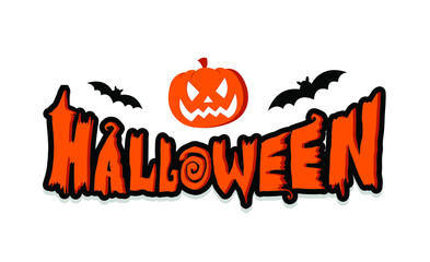 Halloween banner for an invitation to a party with an orange pumpkin and bats. Vector illustration. Hand digital lettering of orange color with dark shadow for a banner, a poster, a greeting card