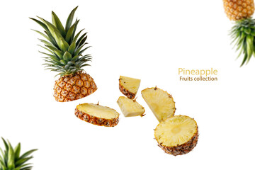 Fresh juicy tropical fruit pineapple flying isolated on white background. Sliced ananas pineapple falling.