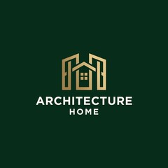 Modern house architecture logo, building logo with modern line art design in luxurious and trendy gold color