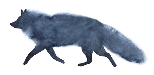Watercolor illustration of a running fox in blue tones, realistic silhouettes on a white background - obrazy, fototapety, plakaty