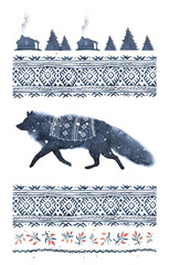 Watercolor illustration of running fox and national ornament in blue tones on a white background