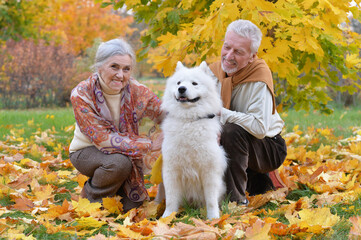 Portrait of happy senior couple in autumn park