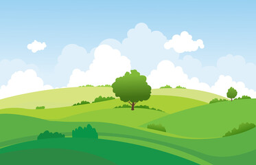 Landschaftssommergrünfelder mit Hügel, Gras, Bäumen, weißen Wolken und blauem Himmelshintergrund .vector Illustration.