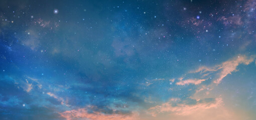 Naklejka na ściany i meble Panorama blue night sky milky way and star on dark background.