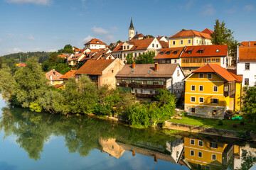 Fototapeta na wymiar Colorful Old Town in Novo Mesto Slovenia at Riverside of Krka River