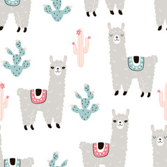 Seamless pattern with cute cacti and llama animals on a white background. Vector illustration for printing on fabric, packaging paper, clothing. Cute children's background © Дмитрий Бондаренко