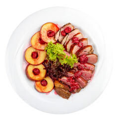 Duck breast mangre with berry confit and baked apple.  On a white background